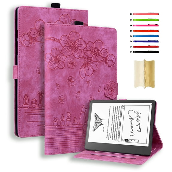 Case for Amazon Kindle Scribe 10.2, Embossed Multiple Viewing Angles PU Leather Magnetic Stand Flip Folio Case Cover with Card Slots & Pencil Holder for Amazon Kindle Scribe 10.2, Rose