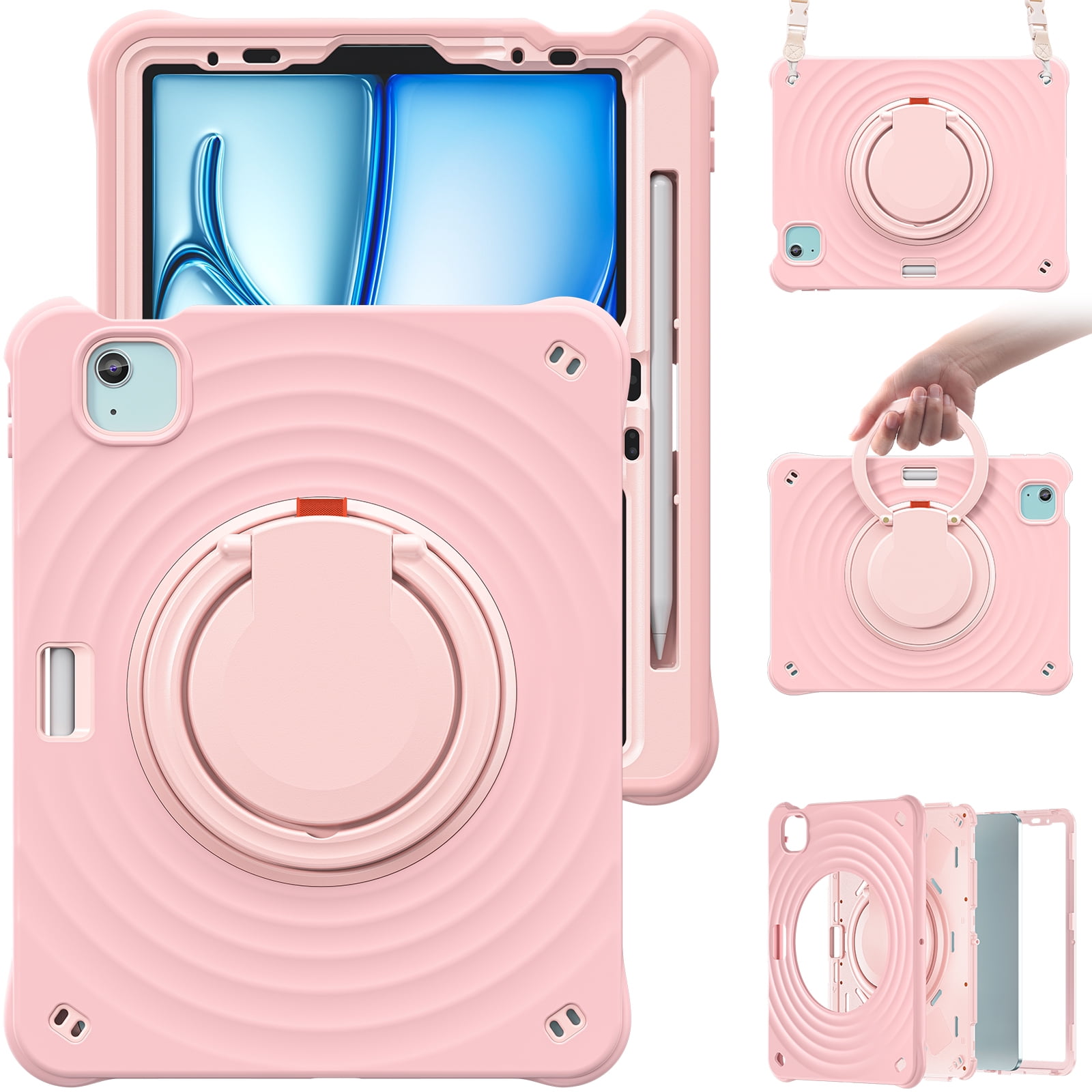 Case for Apple iPad Air 11 (2024) with Stand for Women Men, 360° Rotatable Kickstand Shoulder Strap Pencil Holder Shockproof Protective Back Cover for iPad Air 11 inch Case M2 2024, Pink