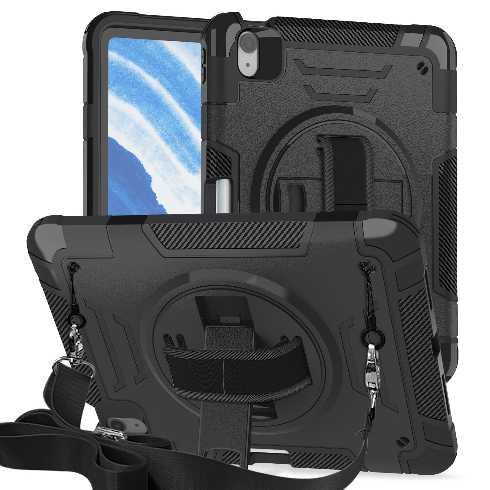 Case for Apple iPad Air 11 (2024), Upgraded Military Grade Shockproof Protector Apple iPad Air 11 (2024) Cover With Pencil Holder+ Handle+ Shoulder Strap+ Contractible Kickstand,Black