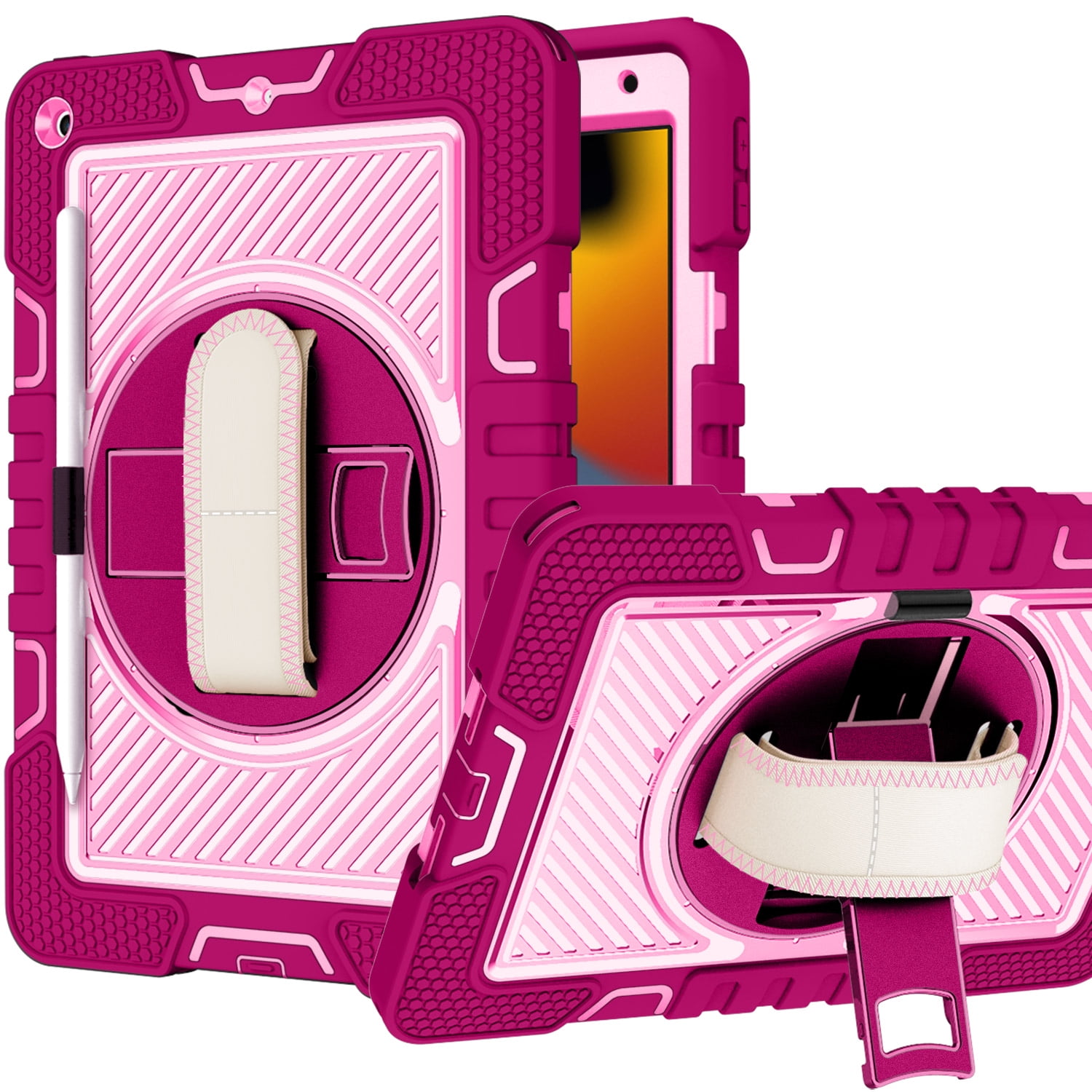 Case For Apple iPad Air 13 inch 2024 Hybrid 3in1 Multi-Functional Tablet Case with Hand, Shoulder Strap, Pencil & Stand Holder Tablet Cover [ Rose Pink ]
