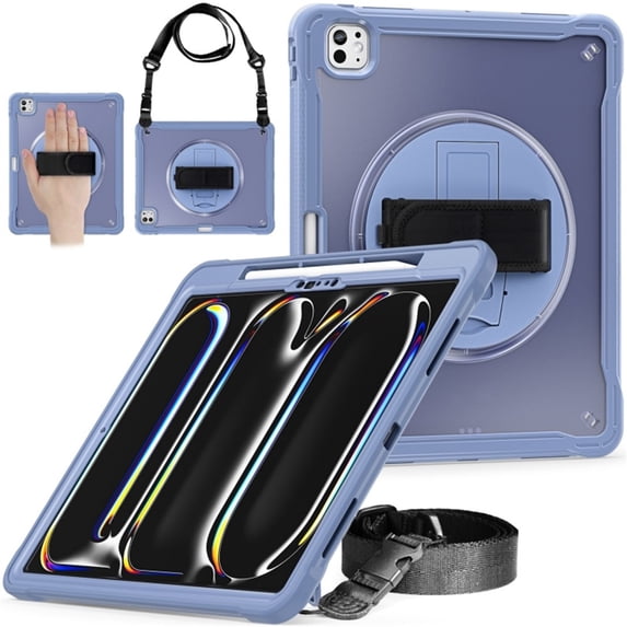 Case For Apple iPad Pro 11 2025 / 2024 Handle Protective Cover 360° Rotating Ring Stand, Shockproof Dropproof Case For Kids Kickstand & Pencil Holder & Shoulder Strap,Lavender Grey