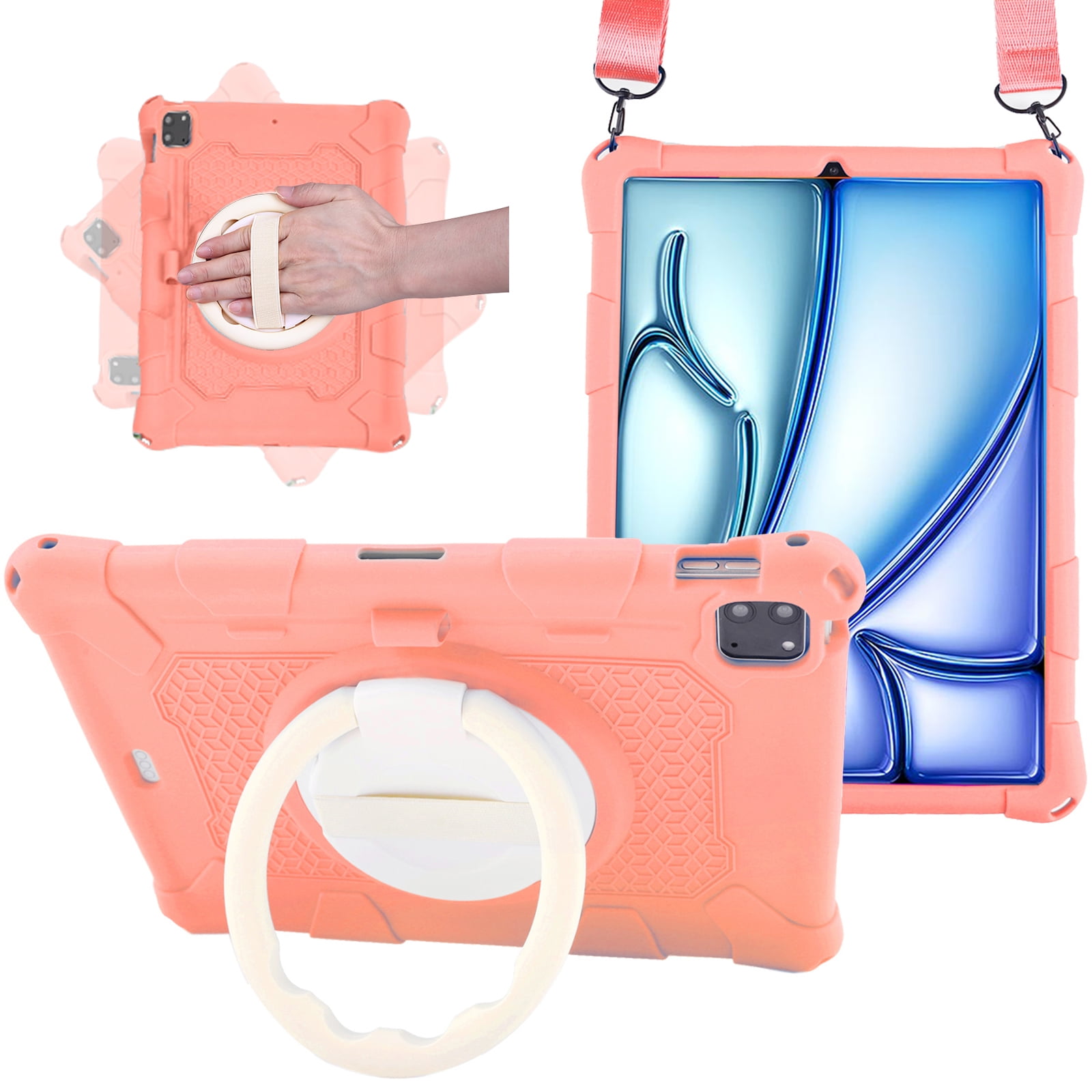 Case for Apple iPad Pro 11 5th 4th 3rd 2nd 1st Gen/ iPad Air 11 2024 M2/Air 4 5, Soft Silicone Drop Protection Rotating Kickstand with Shoulder Strap Pencil Holder Kids Friendly Lightweight, Pink