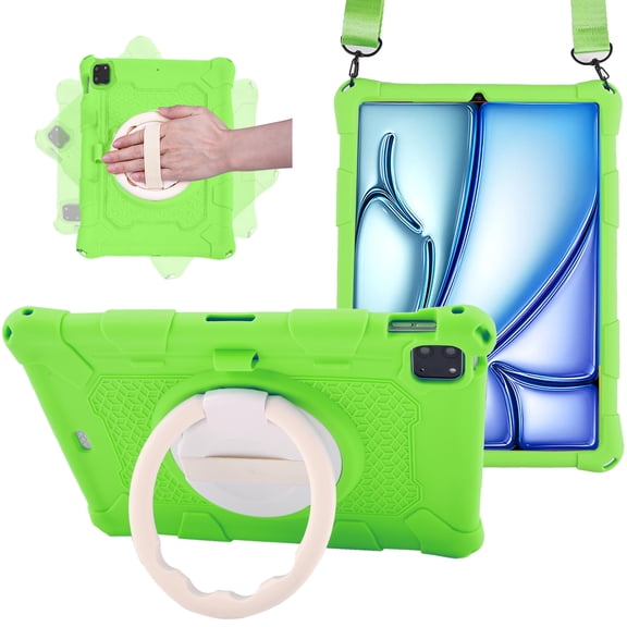 Case for Apple iPad Pro 11 5th 4th 3rd 2nd 1st Gen/ iPad Air 11 2024 M2/Air 4 5, Soft Silicone Drop Protection Rotating Kickstand with Shoulder Strap Pencil Holder Kids Friendly Lightweight, Green