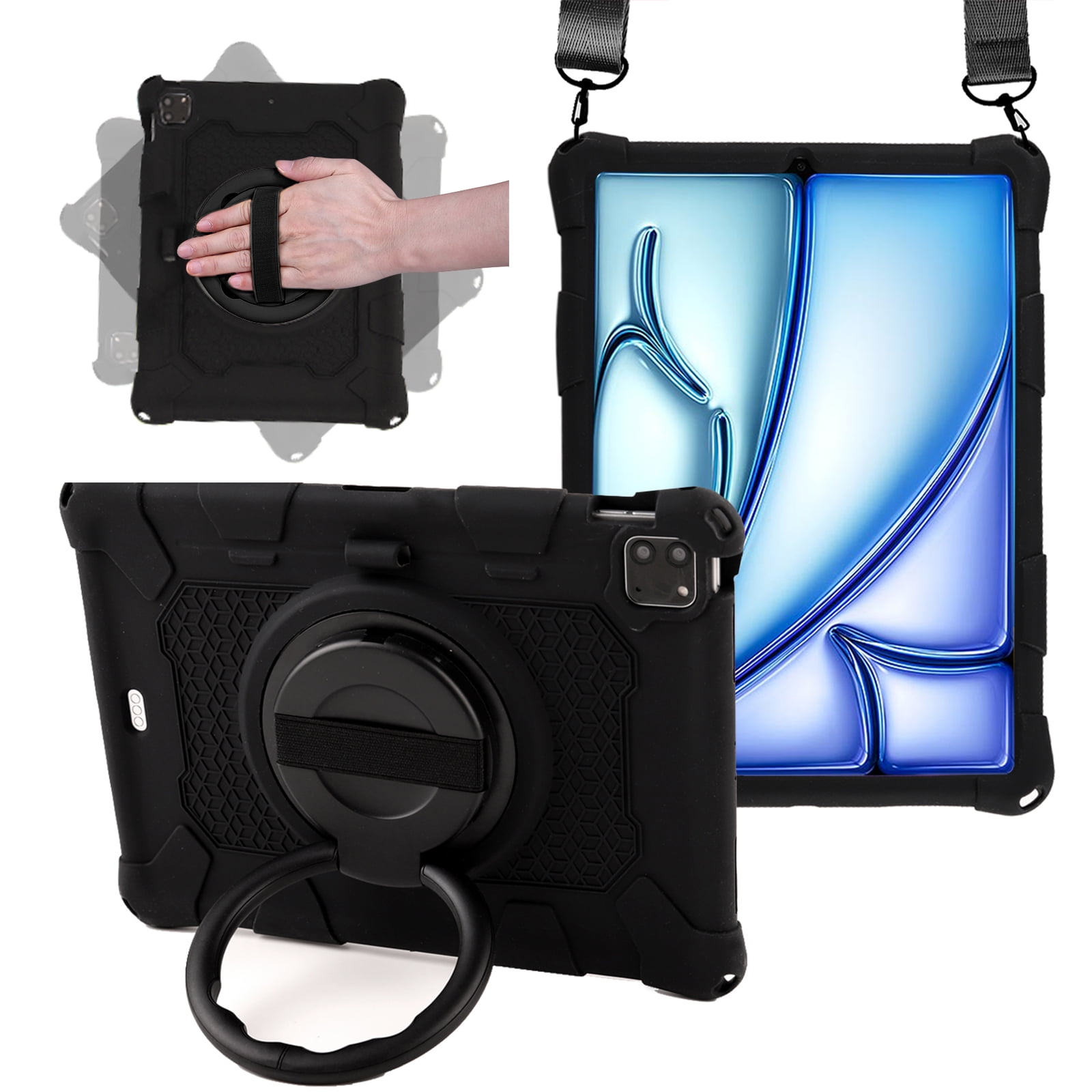Case for Apple iPad Pro 11 5th 4th 3rd 2nd 1st Gen/ iPad Air 11 2024 M2/Air 4 5, Soft Silicone Drop Protection Rotating Kickstand with Shoulder Strap Pencil Holder Kids Friendly Lightweight, Black