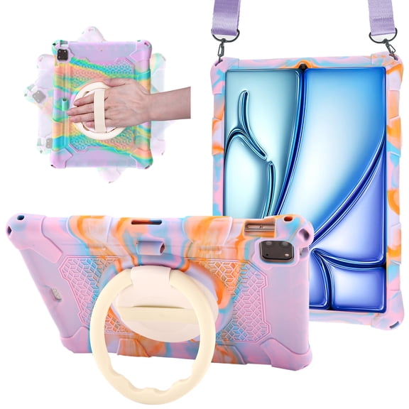 Case for Apple iPad Pro 11 5th 4th 3rd 2nd 1st Gen/ iPad Air 11 2024 M2/Air 4 5, Soft Silicone Drop Protection Rotating Kickstand with Shoulder Strap Pencil Holder Kids Friendly Lightweight, Purple