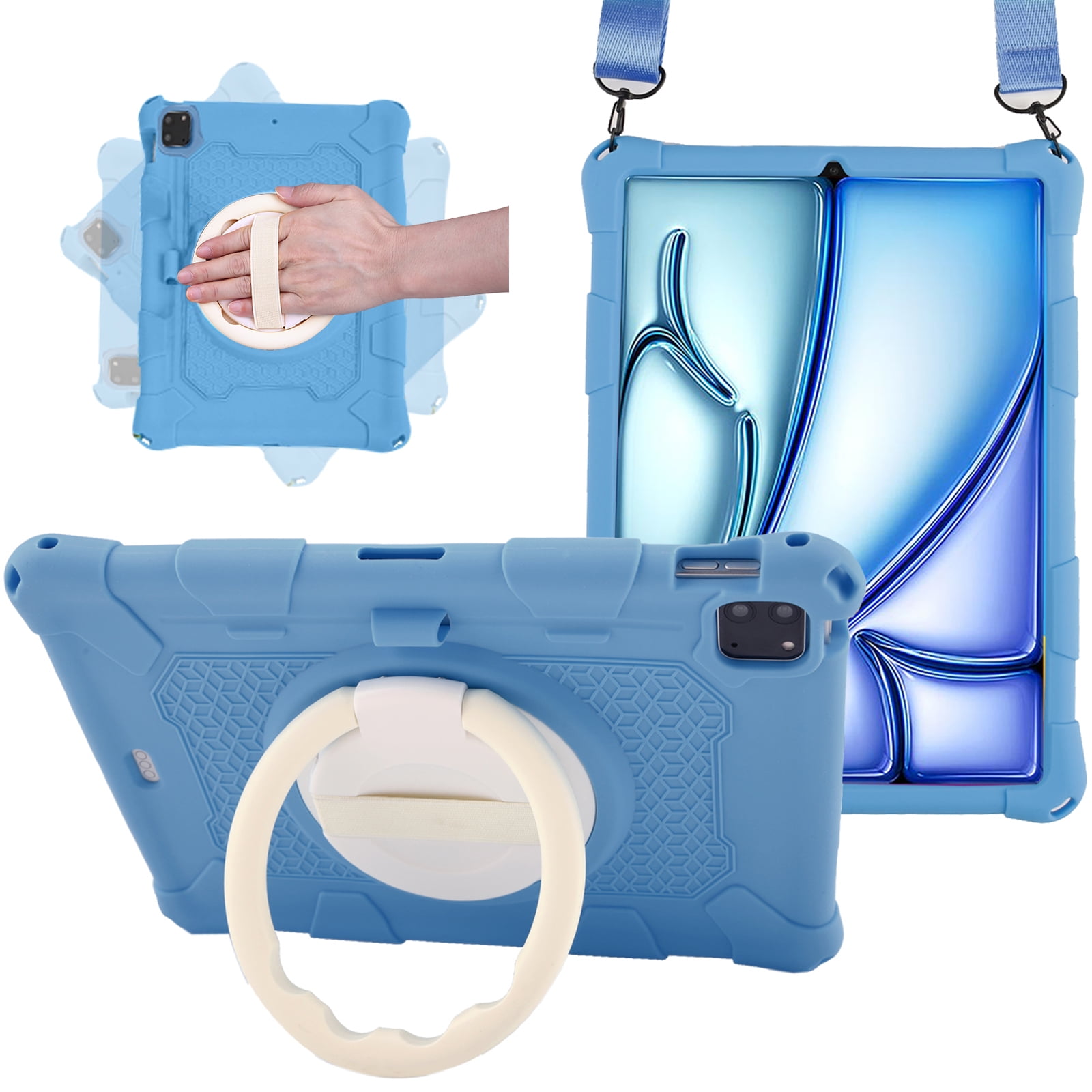 Case for Apple iPad Pro 11 5th 4th 3rd 2nd 1st Gen/ iPad Air 11 2024 M2/Air 4 5, Soft Silicone Drop Protection Rotating Kickstand with Shoulder Strap Pencil Holder Kids Friendly Lightweight, Darkblue