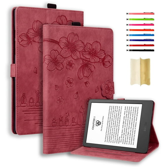 Case for Apple iPad Pro 11 inch 2024, Flower Embossed Pattern PU Leather Flip Cover with Card Slots Holder Auto Wake/Sleep Kickstand TPU Shockproof Case for iPad Pro 11" 2024, Winered