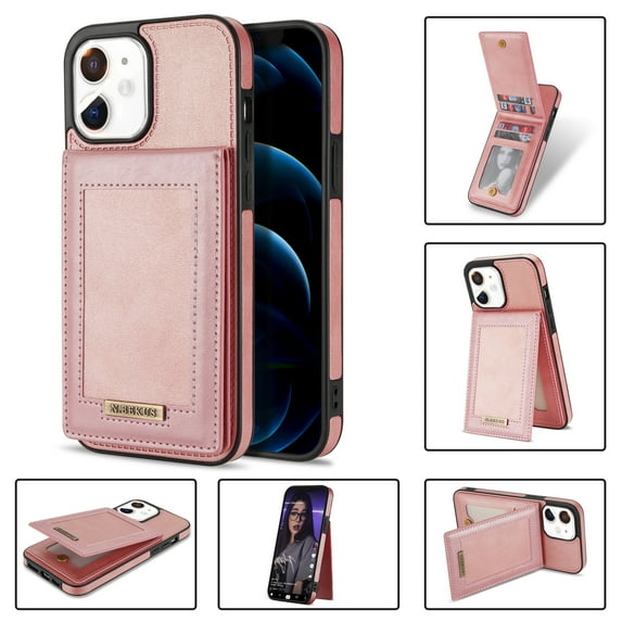Case for Apple iPhone 12, Premium PU Leather with Credit Card Holder Wallet Cover Stand RFID Blocking Cell Accessories for iPhone 12 6.1 inch Cases for Men Women - Rosegold