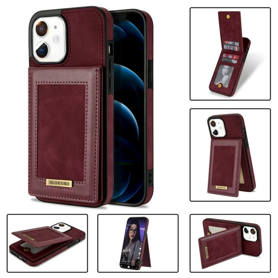 Case for Apple iPhone 12, Premium PU Leather with Credit Card Holder Wallet Cover Stand RFID Blocking Cell Accessories for iPhone 12 6.1 inch Cases for Men Women - Winered