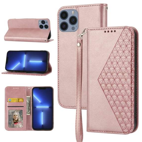 Case for Apple iPhone 13 Pro, Magnetic Matte Premium PU Leather Stand Flip Cover with Card Slots and Wallet, Shockproof and Full Body Protection Compatible with iPhone 13 Pro - Rosegold