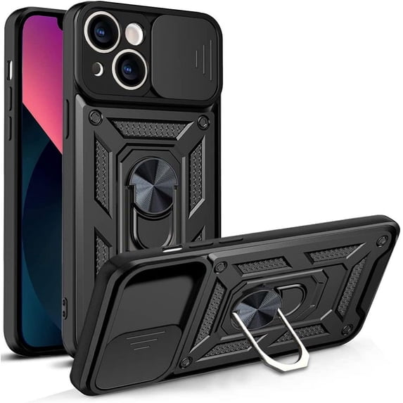 Case for Apple iPhone 13 with Slide Camera Cover,Military Grade Heavy Duty Protection Phone Case Cover with Magnetic Ring Kickstand for iPhone 13 SJ Black