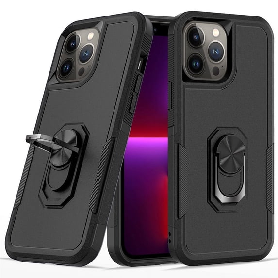 Case for Apple iPhone 14 (6.1") Ring Holder Stand, Support Magnetic Car Mount, Hard PC Back TPU Hybrid Shockproof Cover for iPhone 14 by Xcell - Black