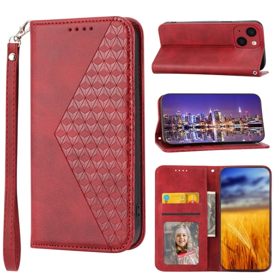 Case for Apple iPhone 14, Magnetic Matte Premium PU Leather Stand Flip Cover with Card Slots and Wallet, Shockproof and Full Body Protection Compatible with iPhone 14 6.1 inch - Red