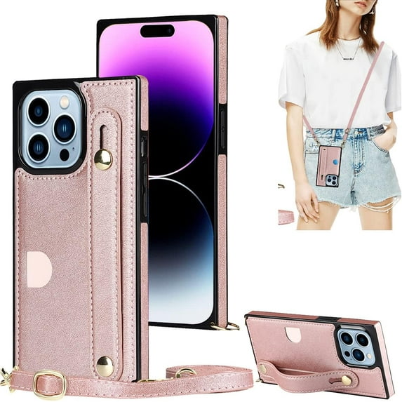 Case for Apple iPhone 14 Pro with Card Slot Holder, Removable Adjustable Shoulder Strap Lanyard Crossbody Neck Purse Phone Case for iPhone 14 Pro KB Rose