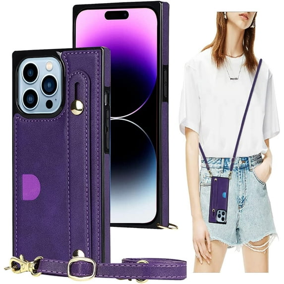 Case for Apple iPhone 14 Pro Max with Card Slot Holder, Removable Adjustable Shoulder Strap Lanyard Crossbody Neck Purse Phone Case for iPhone 14 Pro Max KB Purple