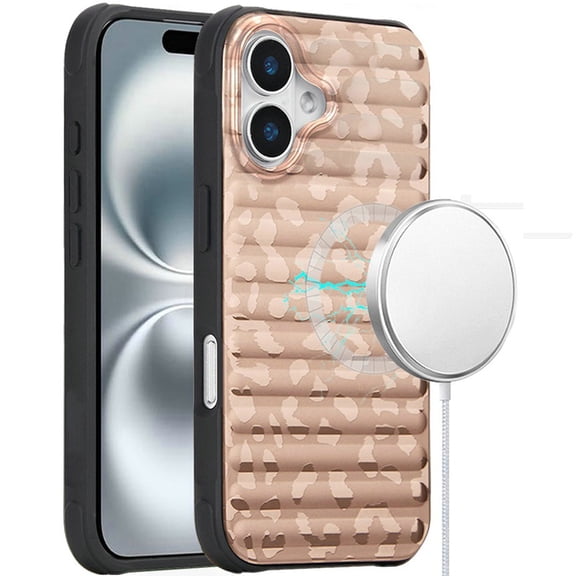 Case For Apple iPhone 16 Plus (6.7") Pattern Design Magnetic Chrome Hybrid Compatible with Magsafe Dual Layer Shockproof TPU Hard PC Back Phone Cover for iPhone 16 Plus, Rose Gold Leopard