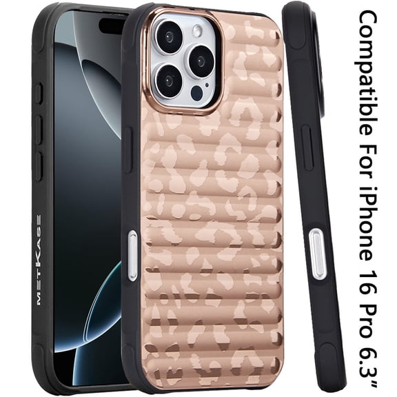 Case For Apple iPhone 16 Pro (6.3") Pattern Design Magnetic Chrome Hybrid Compatible with Magsafe Dual Layer Shockproof TPU Hard PC Back Phone Cover for iPhone 16 Pro, Rose Gold Leopard