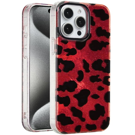 Case For Apple iPhone 16 Pro Max Glitter Leopard, Fashion Design Animal Skin Print Slim IMD TPU Dual Layer Shockproof Protective Phone Cover for iPhone 16 Pro Max Red Leopard