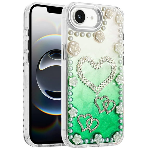 Case for Apple iPhone 16e Bling Fashion Design with 3D Pearls Epoxy Glitter Ornaments Chrome Edge Hard Slim PC, XPM Phone Cover fit Apple iPhone 16 E (6.1") [Hearts Green]