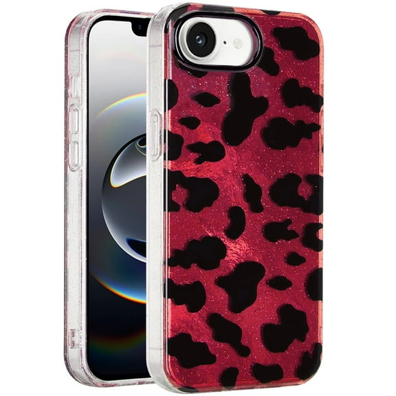 Case For Apple iPhone 16e Glitter Leopard, Fashion Design Animal Skin Print Slim IMD TPU Dual Layer Shockproof Protective Phone Cover for Apple iPhone 16 E (6.1") Red Leopard