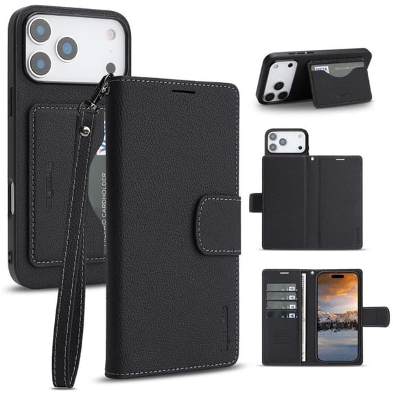 Case For Apple iPhone 17 Pro 6.3 inch,RFID Blocking,Split PU Leather Detachable 2 In 1 Flip Folio Wallet With Multi-Card Slots,Wristband,Kickstand Magnetic Protective Cover,Black,For iPhone 17 Pro