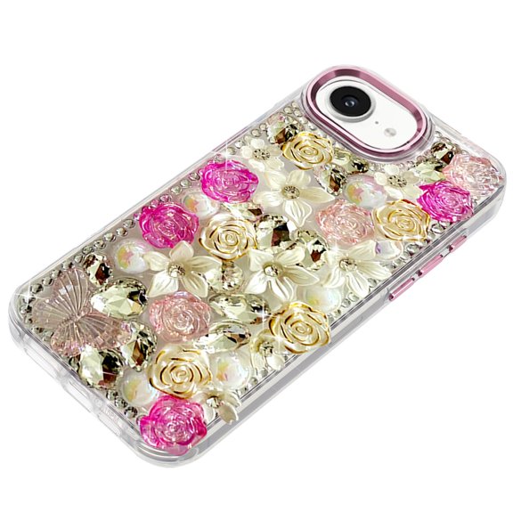 Case for Apple iPhone 17E /16E 3D Diamond Floral Roses Flower Bling Stone Hybrid, Sparkly Rhinestone Gemstone Back Shockproof, XPM Phone Cover fit Apple iPhone 17E /iPhone 16E [Pink]