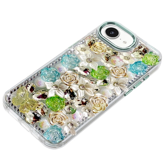 Case for Apple iPhone 17E /16E 3D Diamond Floral Roses Flower Bling Stone Hybrid, Sparkly Rhinestone Gemstone Back Shockproof, XPM Phone Cover fit Apple iPhone 17E /iPhone 16E [Green]