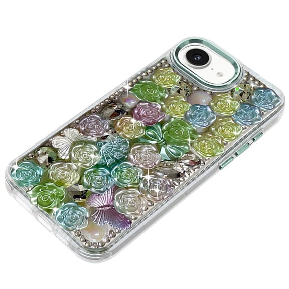 Case for Apple iPhone 17E /16E Muti-Color Floral Fashion Bling Crystal 3D Full Diamonds Stones Sparkle Rhinestone Glitter Hybrid, XPM Phone Cover fit Apple iPhone 17E /iPhone 16E [Green]