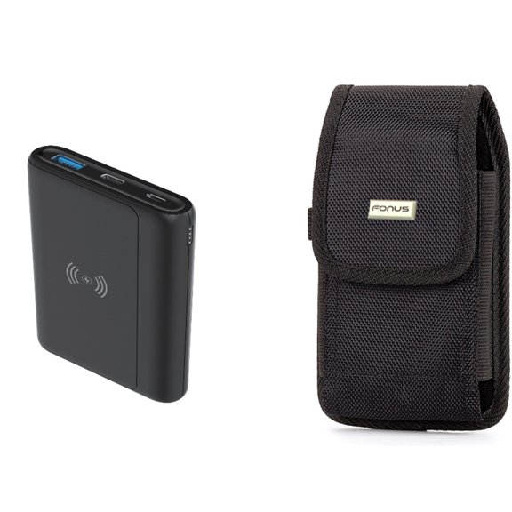 Case Belt Clip & 10000mAh Power Bank for iPhone 15 Pro Max - Rugged Holster Canvas Cover and Wireless Charging Backup Battery Portable Charger Slim D9G for iPhone 15 Pro Max (6.7")