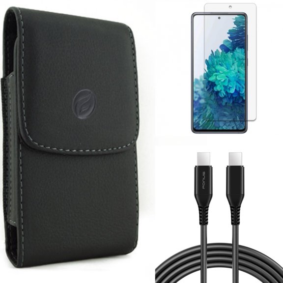 Case Belt Clip & 10ft Long USB-C Cable & Screen Protector for Samsung Galaxy S20 Fan Edition - Leather Holster + PD Fast Charger Cord + Anti-Glare Tempered Glass Combo