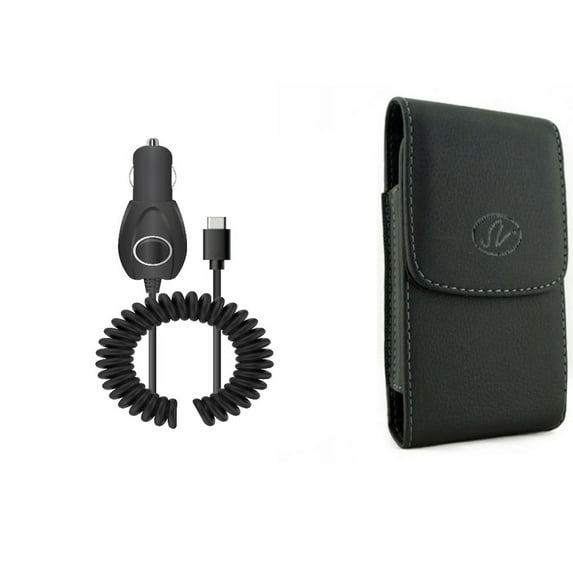 Case Belt Clip & 15W Car Charger for iPhone 15 Pro Max - Leather Holster Cover Pouch and Type-C Power Adapter DC Socket R1O for iPhone 15 Pro Max (6.7")