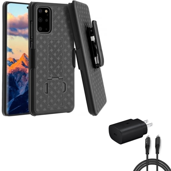 Case Belt Clip & 25W Fast Home Charger for Samsung Galaxy S20 Plus - Holster Swivel Cover + PD Type-C 6ft USB-C Cable Combo