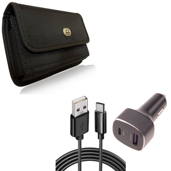 Case Belt Clip & 36W PD Fast Car Charger for iPhone 15 Pro Max - Rugged Holster Canvas Cover and 6ft USB-C Cable 2-Port Long Cord Power Adapter O3O for iPhone 15 Pro Max (6.7")