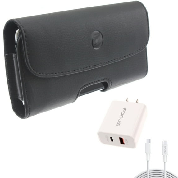 Case Belt Clip + 36W PD Home Charger for Motorola One 5G Ace Phone - Leather Holster Cover Pouch and  Fast Type-C 6ft Long Cable USB-C Power Cord Combo for Motorola One 5G Ace