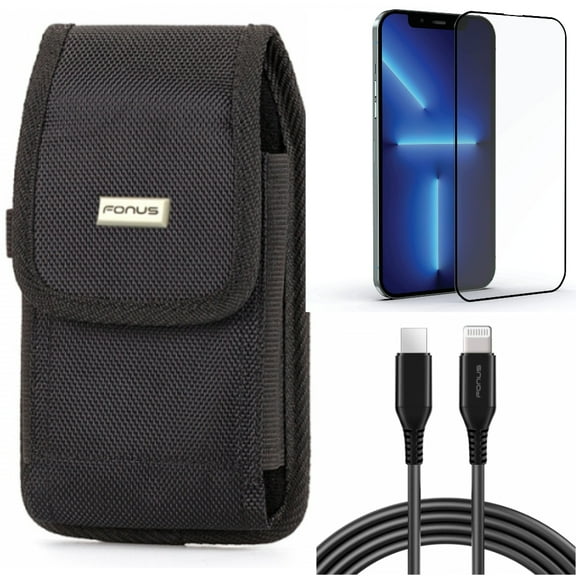 Case Belt Clip & 6ft PD Cable & Screen Protector for iPhone 13 Pro Max ONLY - Swivel Holster Rugged + USB-C Fast Charger Long + Anti-Glare Tempered Glass Matte Combo