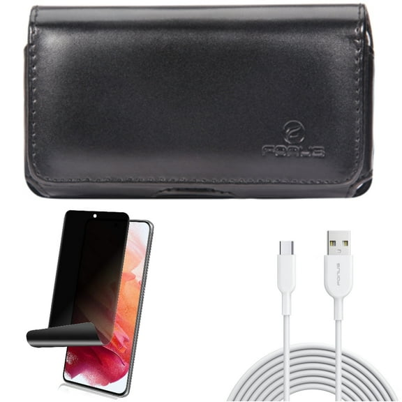 Case Belt Clip & 6ft USB-C Cable & Privacy Screen Protector for Samsung Galaxy S22 (6.1") - Leather Swivel & Type-C Fast Charger & TPU Film Fingerprint Works Accessory Bundle