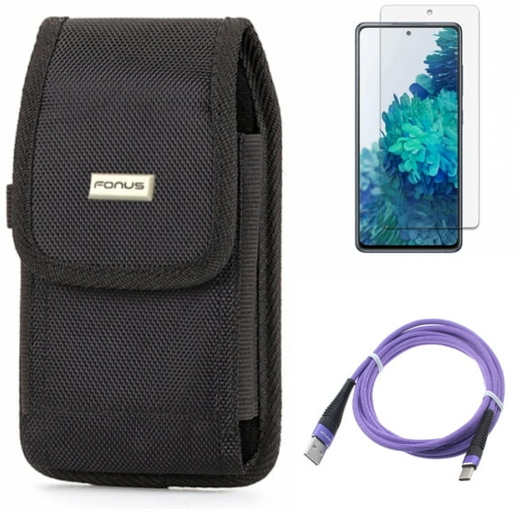 Case Belt Clip & 6ft USB Cable & Screen Protector for Samsung Galaxy S20 Fan Edition - Swivel Holster + Purple Type-C + Anti-Glare Tempered Glass Combo
