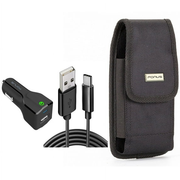 Case Belt Clip & Car Charger for iPhone 15 Pro - Swivel Holster Rugged Cover and 18W Fast USB Port 6ft Cable Type-C O3O for iPhone 15 Pro (6.1")
