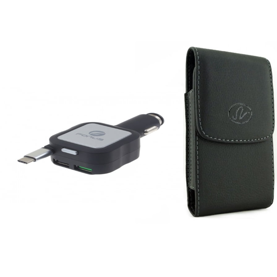Case Belt Clip & Car Charger for iPhone 15 Pro Max - Leather Holster Cover Pouch and Retractable 4.8Amp Type-C 2-Port USB Y8R for iPhone 15 Pro Max (6.7")