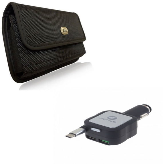 Case Belt Clip & Car Charger for iPhone 15 Pro Max - Rugged Holster Canvas Cover and Retractable 4.8Amp Type-C 2-Port USB A1Z for iPhone 15 Pro Max (6.7")