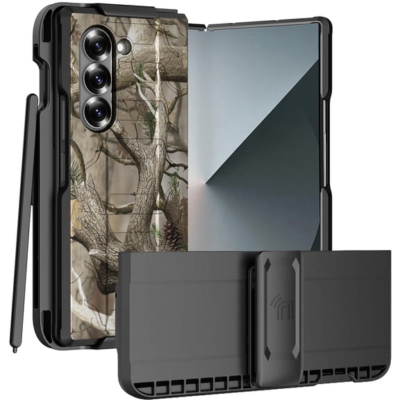 Case and Belt Clip Combo for Samsung Galaxy Z Fold 6, Nakedcellphone Cover and Hip Holster Holder [Rotate, Stand, S-Pen Slot] for Z Fold6 Phone (SM-F956U, 2024) - Bush Camo