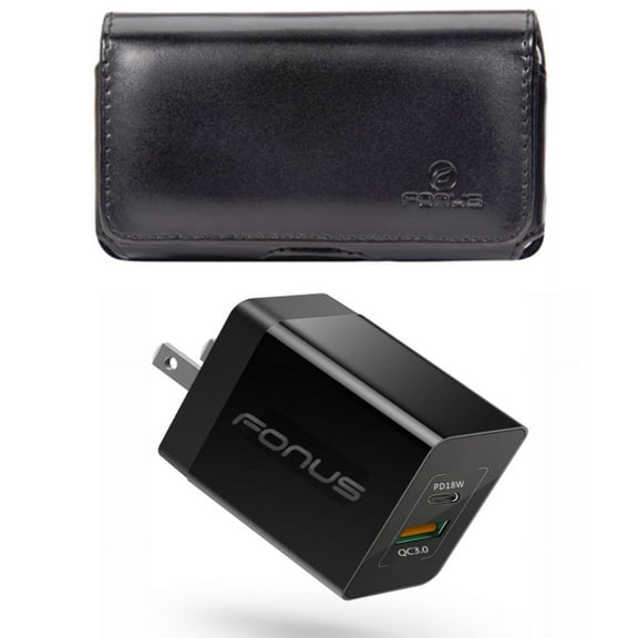 Case Belt Clip & Fast Home Charger for iPhone 15 Pro - Leather Swivel Holster Loops and 36W 2-Port USB Type-C Port Travel X6O for iPhone 15 Pro (6.1")