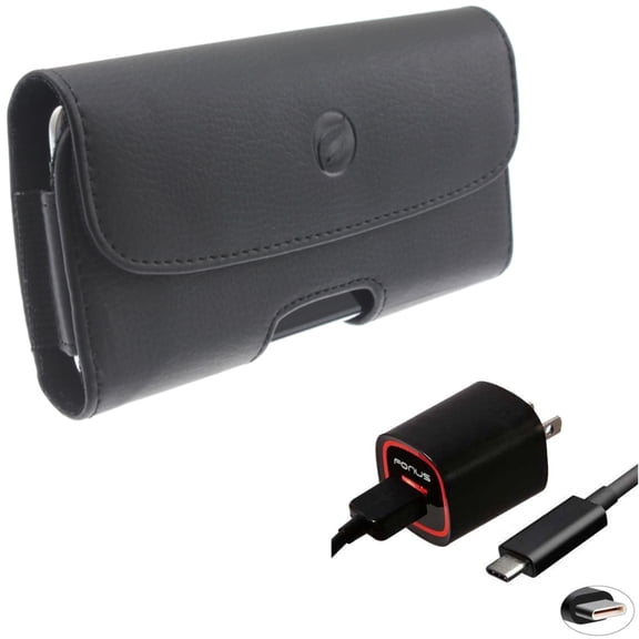 Case Belt Clip + Home Charger for Motorola One 5G Ace Phone - Leather Holster Cover Pouch and  2.4A USB Cable TYPE-C 6ft Combo for Motorola One 5G Ace