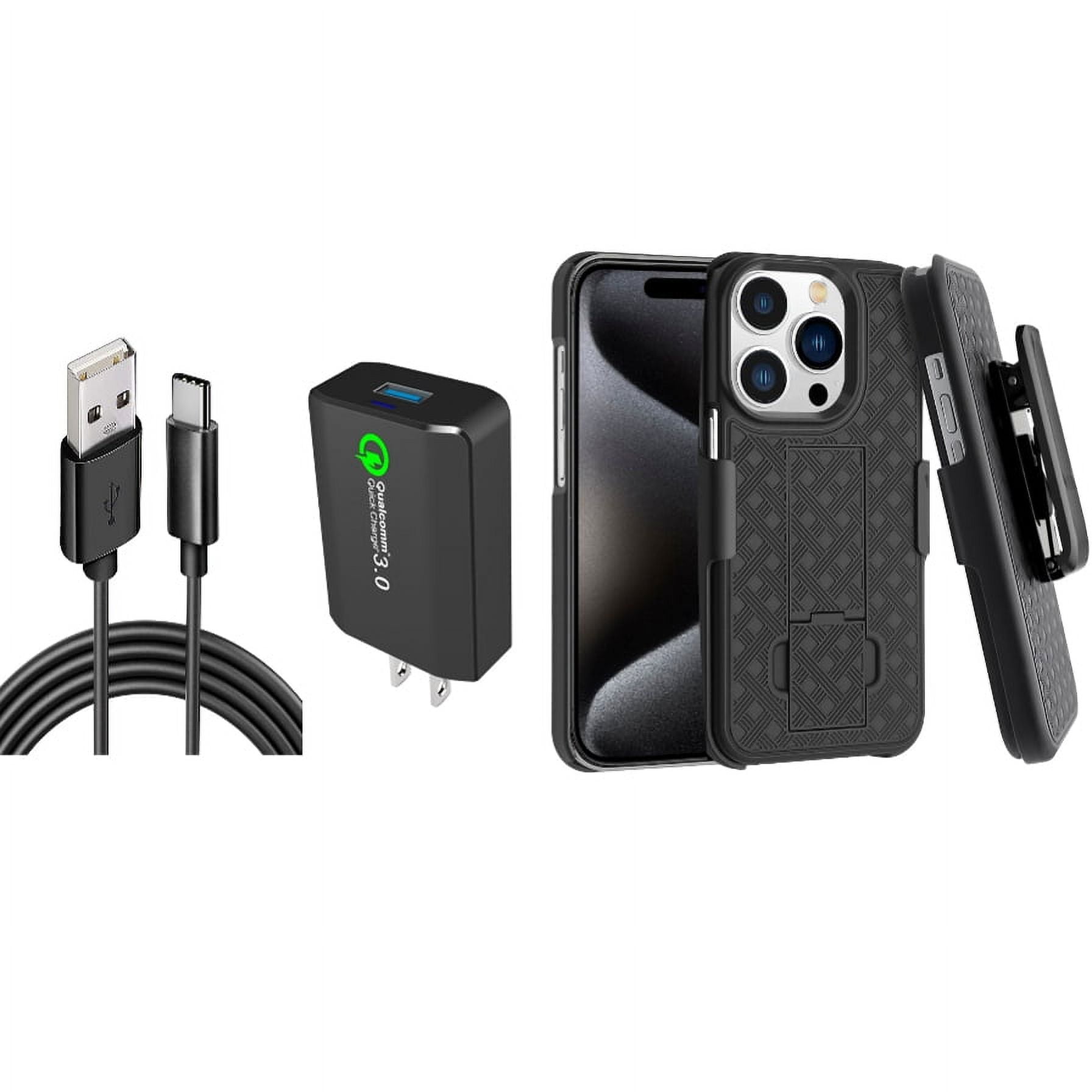 Case Belt Clip & Home Charger for iPhone 15 Pro - Holster Swivel Cover Kickstand and 18W Fast 6ft USB Cable Type-C Turbo Charge P3O for iPhone 15 Pro (6.1")