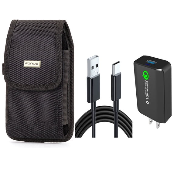 Case Belt Clip & Home Charger for iPhone 15 Pro - Rugged Holster Canvas Cover and 18W Fast 6ft USB Cable Type-C Quick Charge D1G for iPhone 15 Pro (6.1")