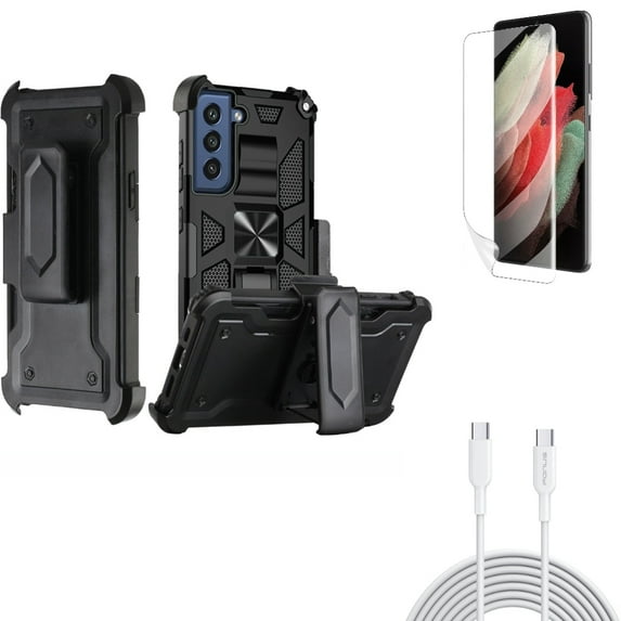 Case Belt Clip & Matte Screen Protector & 6ft Long Type-C Cable for Samsung Galaxy S22 Plus (S22+) - Combo Holster Swivel Cover & TPU Film Anti-Glare & PD Fast Charger Cord Power Wire