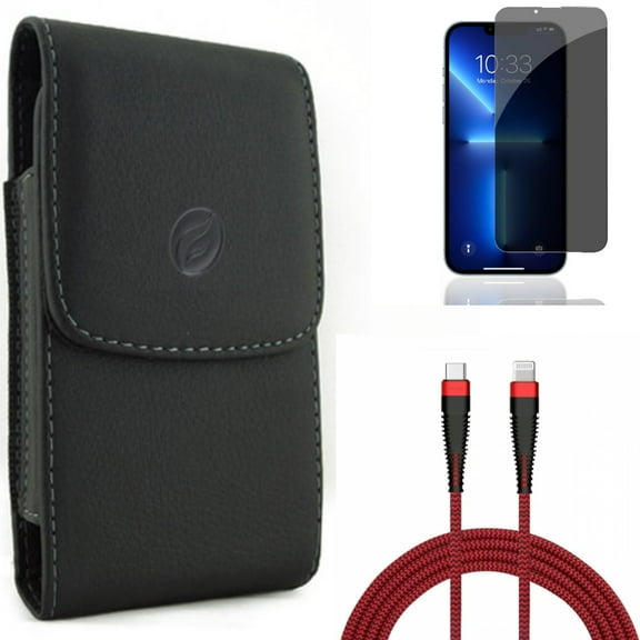 Case Belt Clip & PD Cable & Privacy Screen Protector for iPhone 13,Pro ONLY - Leather Holster Cover + 10ft USB-C to iPhone Charger + Tempered Glass Curved Anti-Spy Combo
