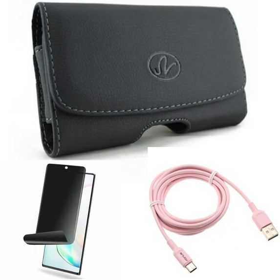 Case Belt Clip & Privacy Screen Protector & 6ft USB-C Cable for Samsung Galaxy Note 20 (6.7") - Combo with Leather Swivel & TPU Film Anti-Peep & Pink Charger Cord