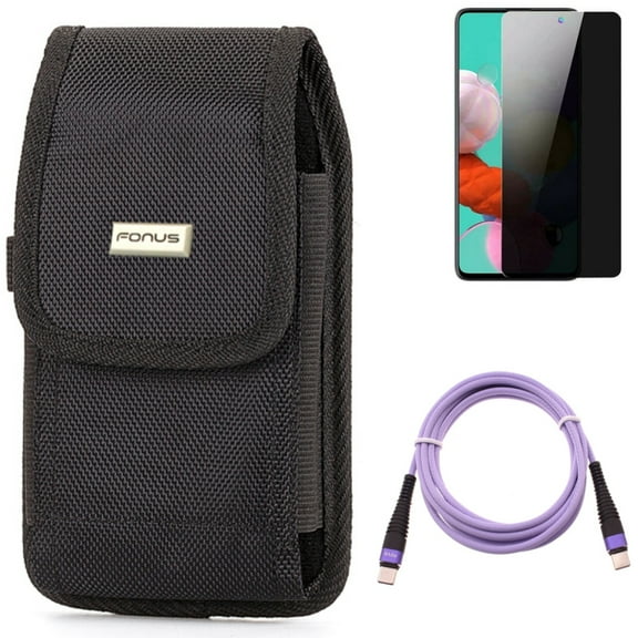 Case Belt Clip & Privacy Screen Protector & Purple 10ft PD Cable for Samsung Galaxy S20 Fan Edition - Rugged Holster + Tempered Glass Anti-Spy + Type-C to USB-C Fast Charger Cord Combo