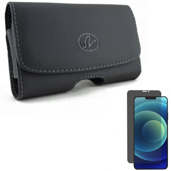 Case Belt Clip & Privacy Screen Protector for iPhone 12 Pro Max - Combo with Leather Swivel Holster Loops & Tempered Glass Curved Anti-Spy Anti-Peep